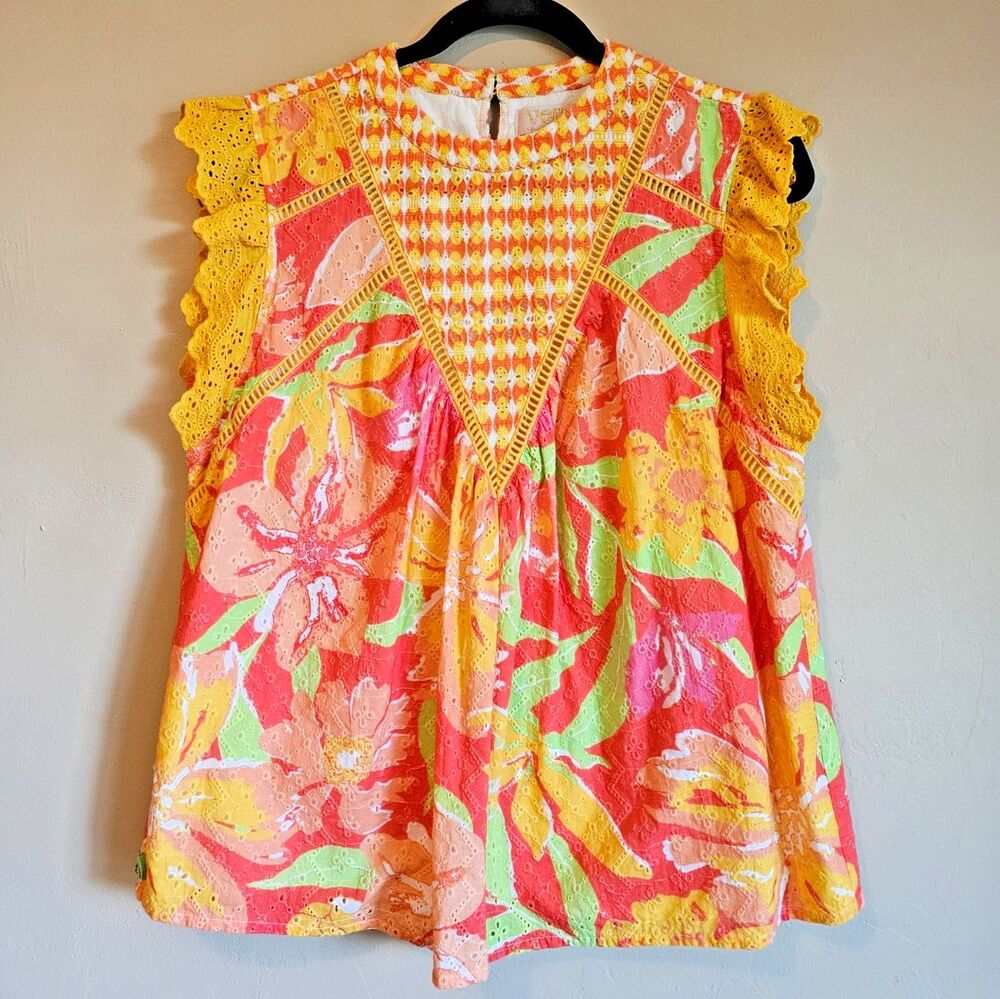 Anthropologie Verb Women's Size M Eyelet Lace Vibrant Floral Blouse Top